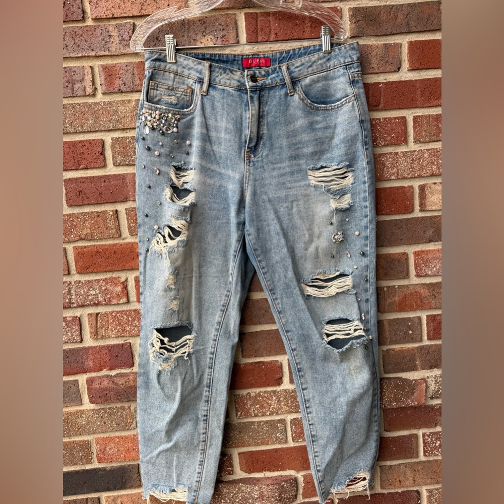 Guess Light Blue Distressed Boyfriend Jeans with Pearl Details